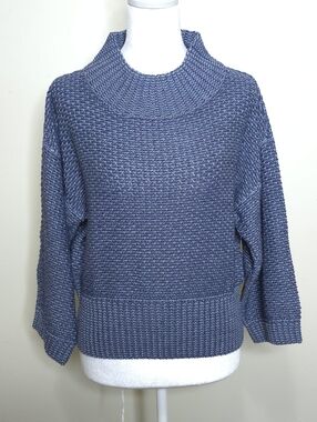 St. John Cropped Mock Neck Soft Knit Sweater Size Large Blue Viscose Silk Blend